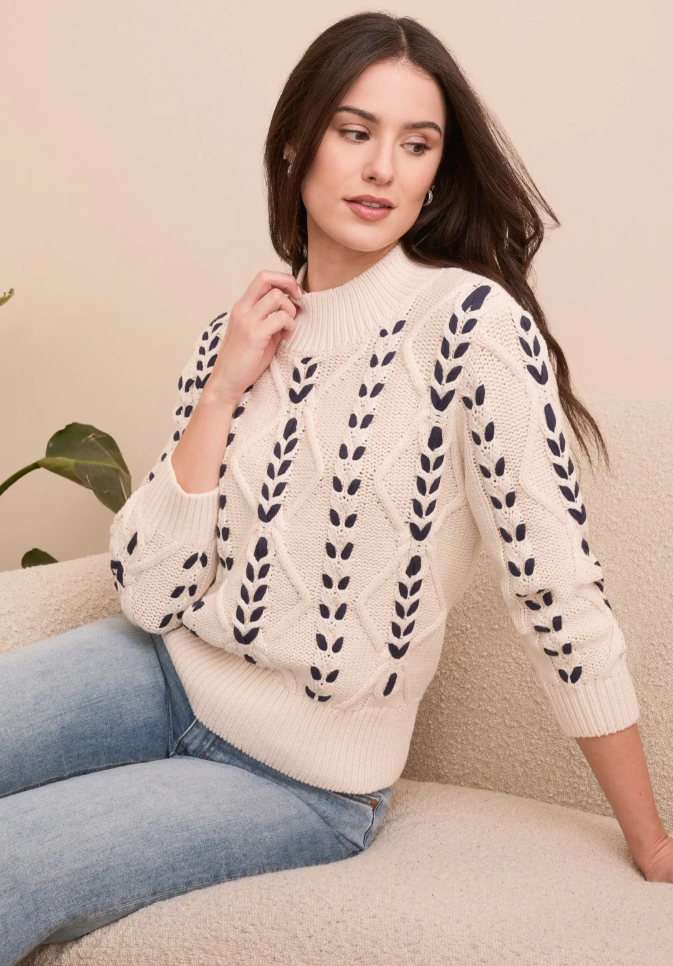 3/4 Sleeve Mock Neck Sweater w/Cable Details