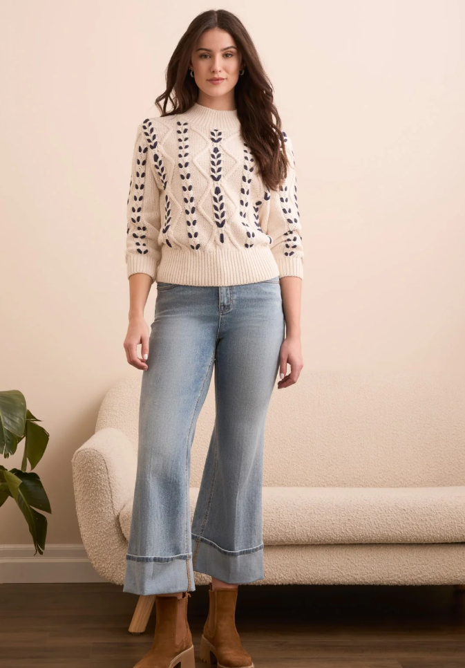 3/4 Sleeve Mock Neck Sweater w/Cable Details
