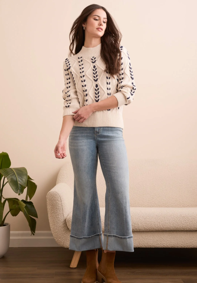 3/4 Sleeve Mock Neck Sweater w/Cable Details