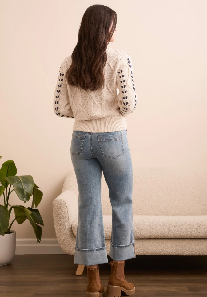 3/4 Sleeve Mock Neck Sweater w/Cable Details