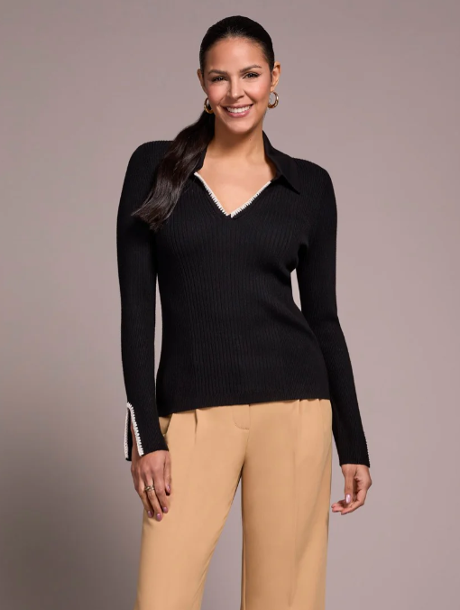 L/S POLO SWEATER W/BLANKET STITCH