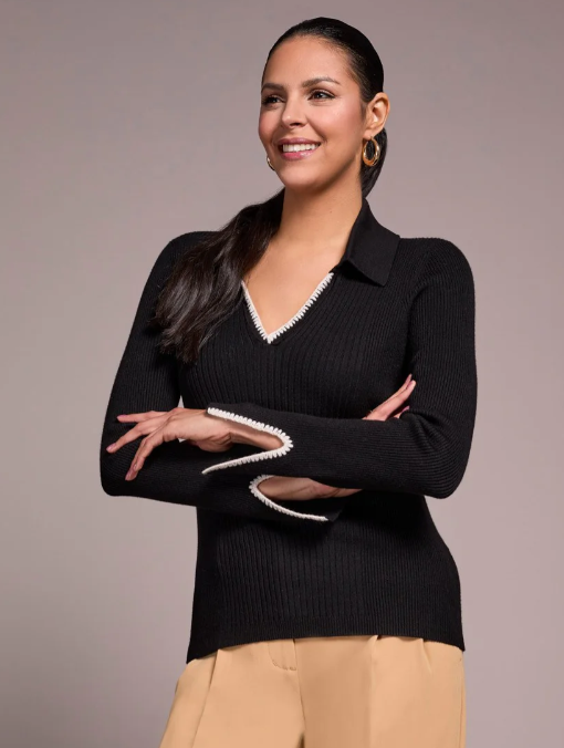 L/S POLO SWEATER W/BLANKET STITCH