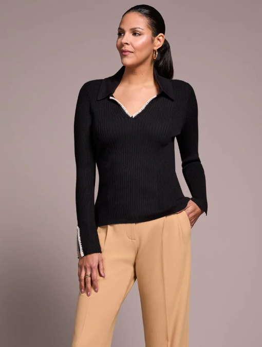 L/S POLO SWEATER W/BLANKET STITCH